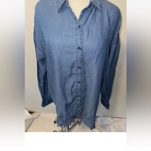 Anthropology Denim Button Down Blouse Embroidered Hem Cuff Tunic Medium Rustic